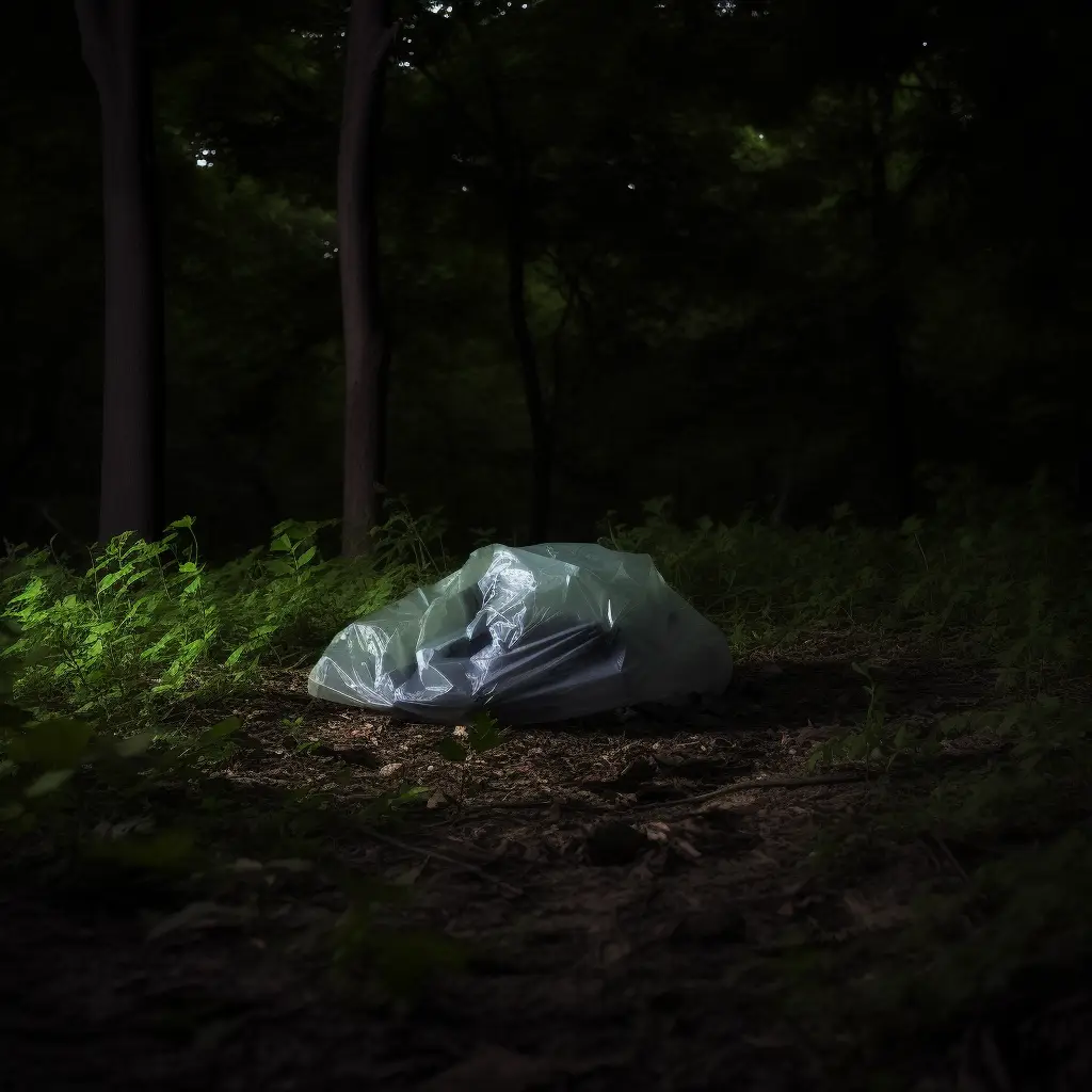 a photograph of a garbage bag in a dark forest. It's holding something vaguely animal-shaped inside.