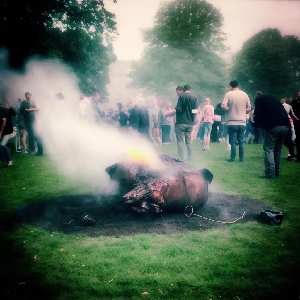 a photograph of a large BBQ pit with an unidentifiable large animal being cooked in it. A big group of people mill about, visible through the thick smoke.