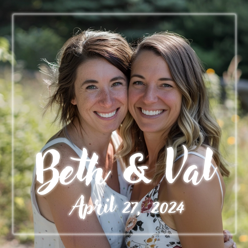 a committment ceremony invitation, two women standing in a sunny field, hugging, the words 'val and beth April 27, 2024' below
