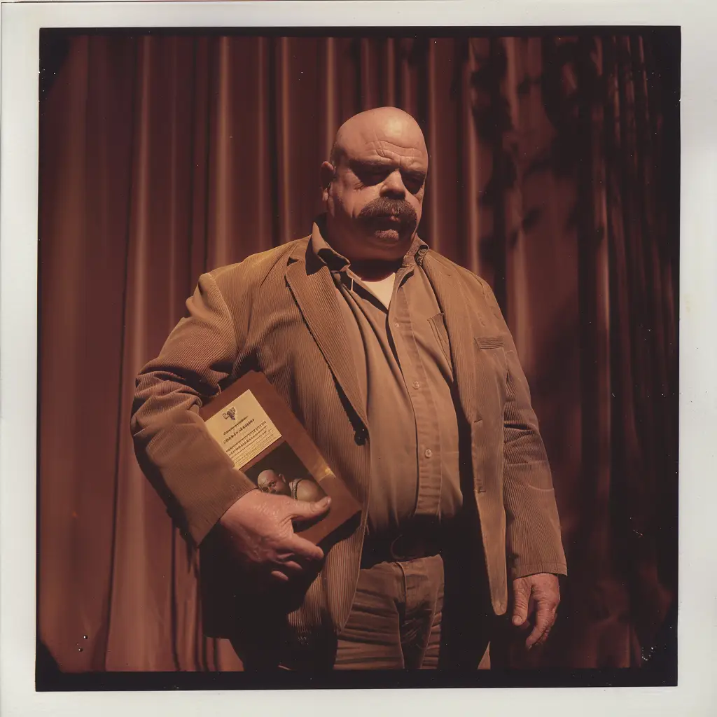 a photo of a large bald man with a walrus mustache holding an award