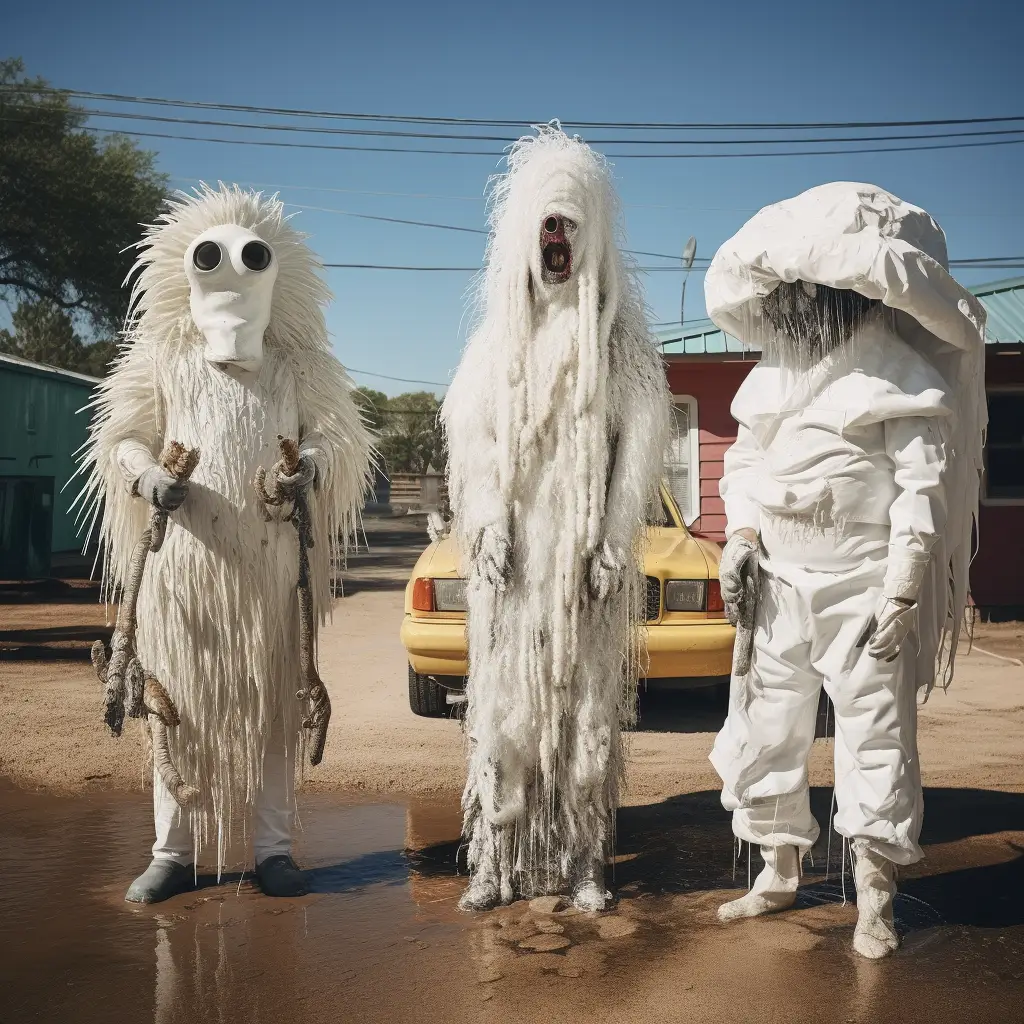 a photograph of three elaborate white costumed people standing in front of a yellow car at a car wash.