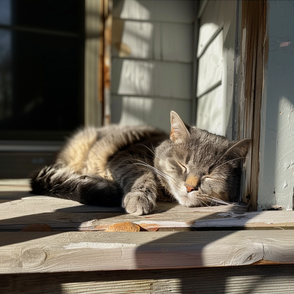 a grey cat laying in a sunbeam on a porch