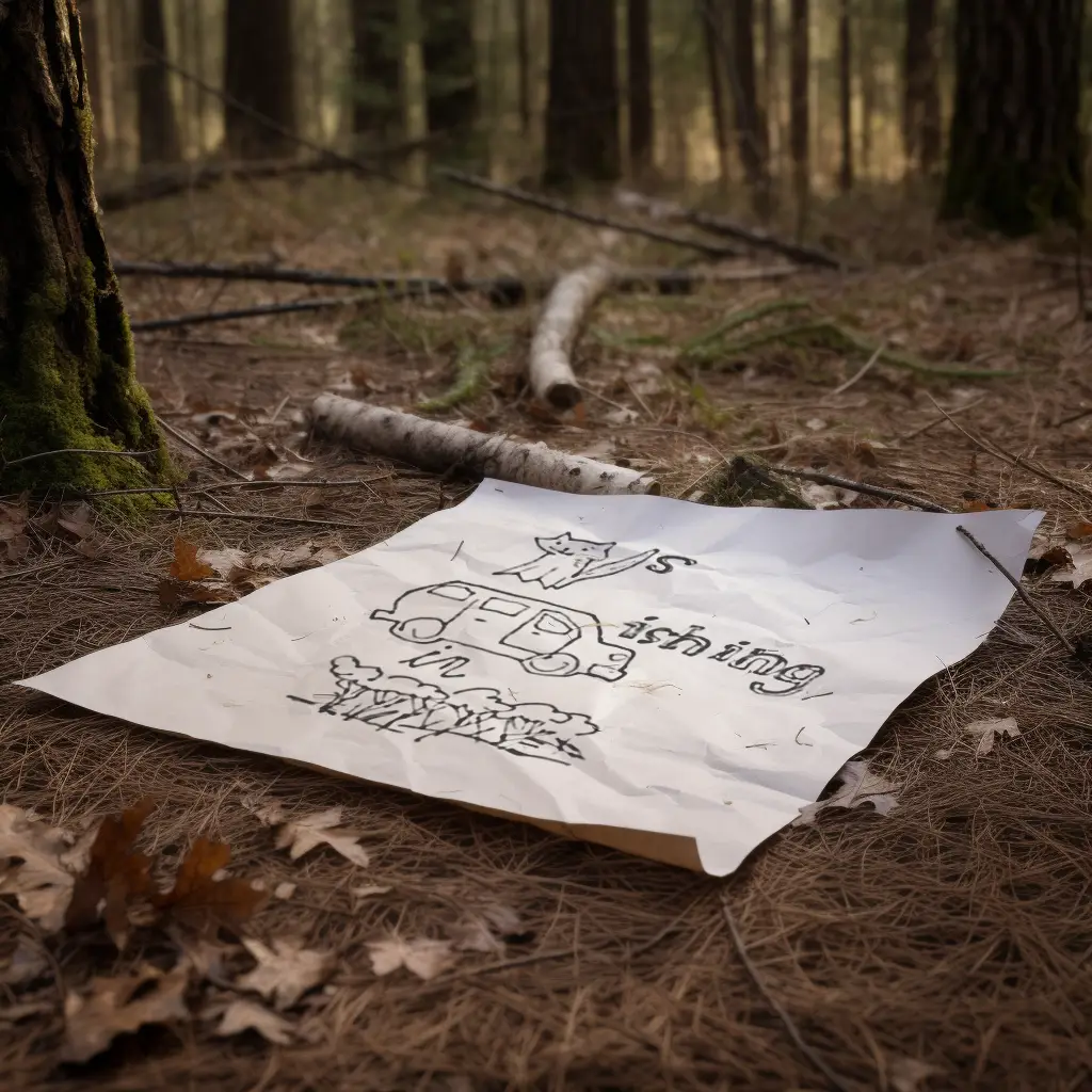 a picture of a piece of paper laying in the dirt and pine needles of a pine forest. Writteon on the paper is a pictogram. A drawing of a cat, and the letter S, a drawing of a van, and the word 'ishing', the words 'in the' and a drawing of woods. 