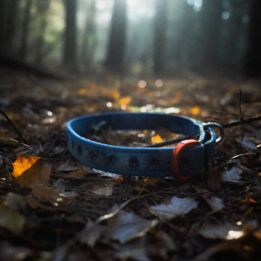 a photograph of a blue cats collar laying in a clearing in the woods. morning sunlight peeks through the mist.
