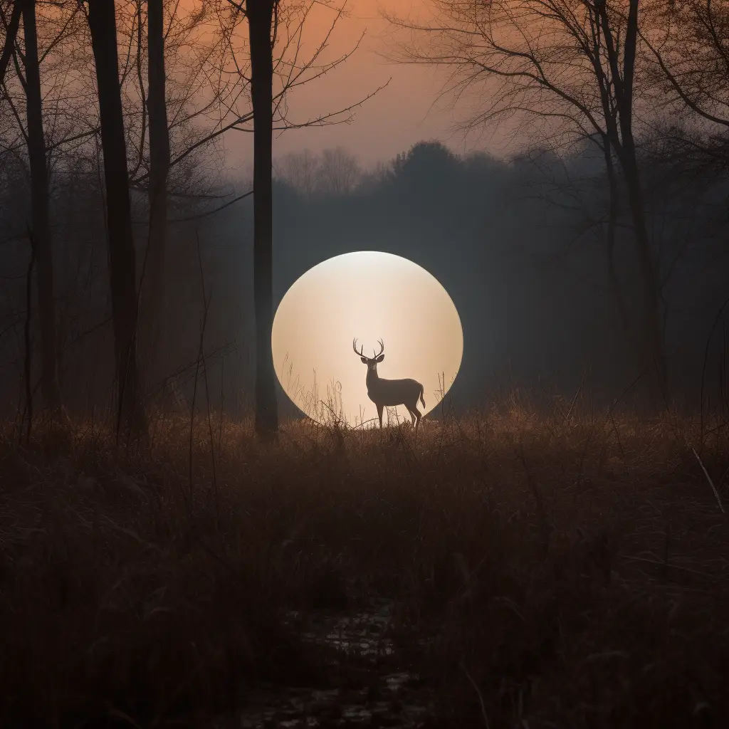 photograph of a deer silouetted by the void, sunset, late fall..