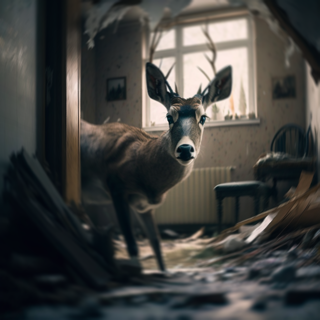 A close up photograph of a deer in the house. It has caused a great deal of destruction. It stares directly at the camera.