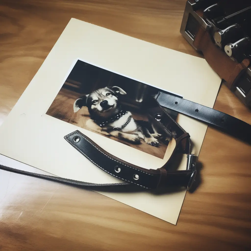 a photograph of a photograph of a dog underneath an empty dog collar