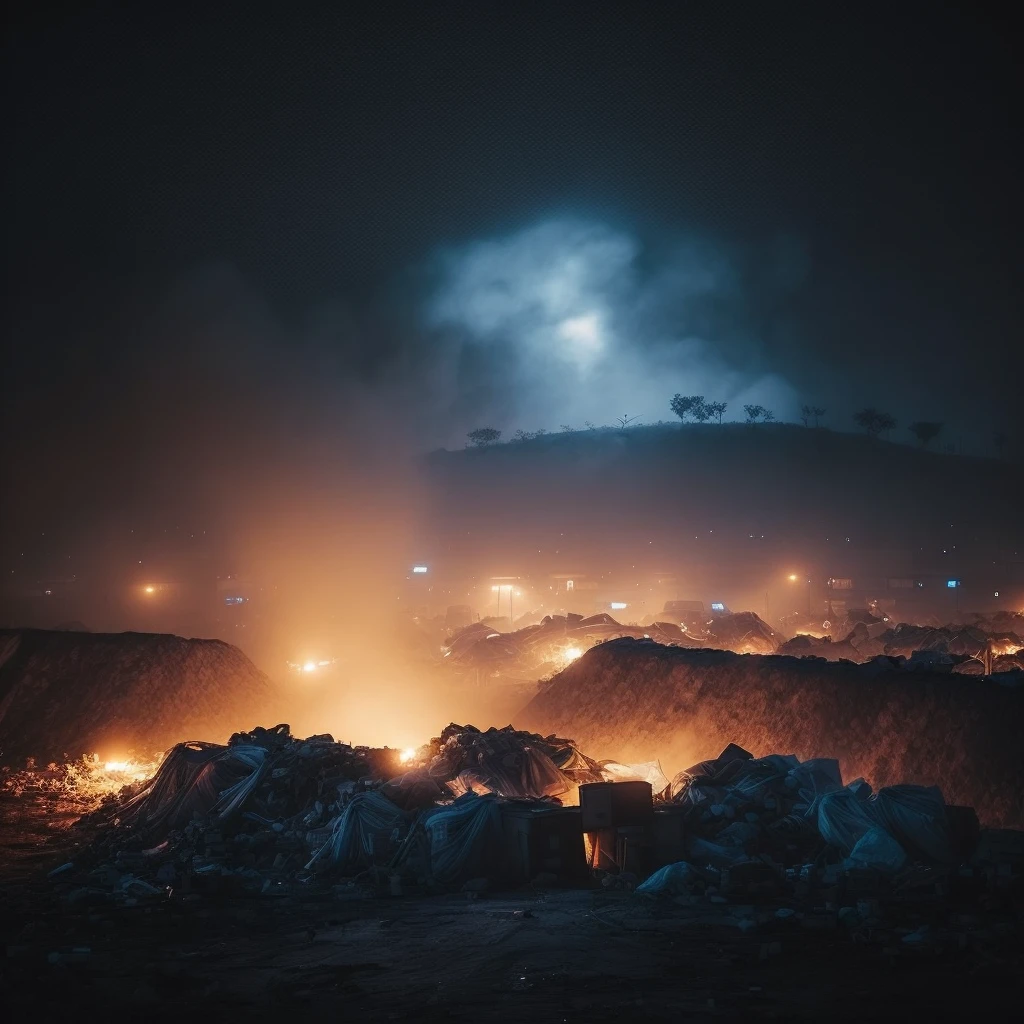 a photograph shot from considerable distance away of an enormous garbage dump at night, glowing almost majestically in the moonlight.