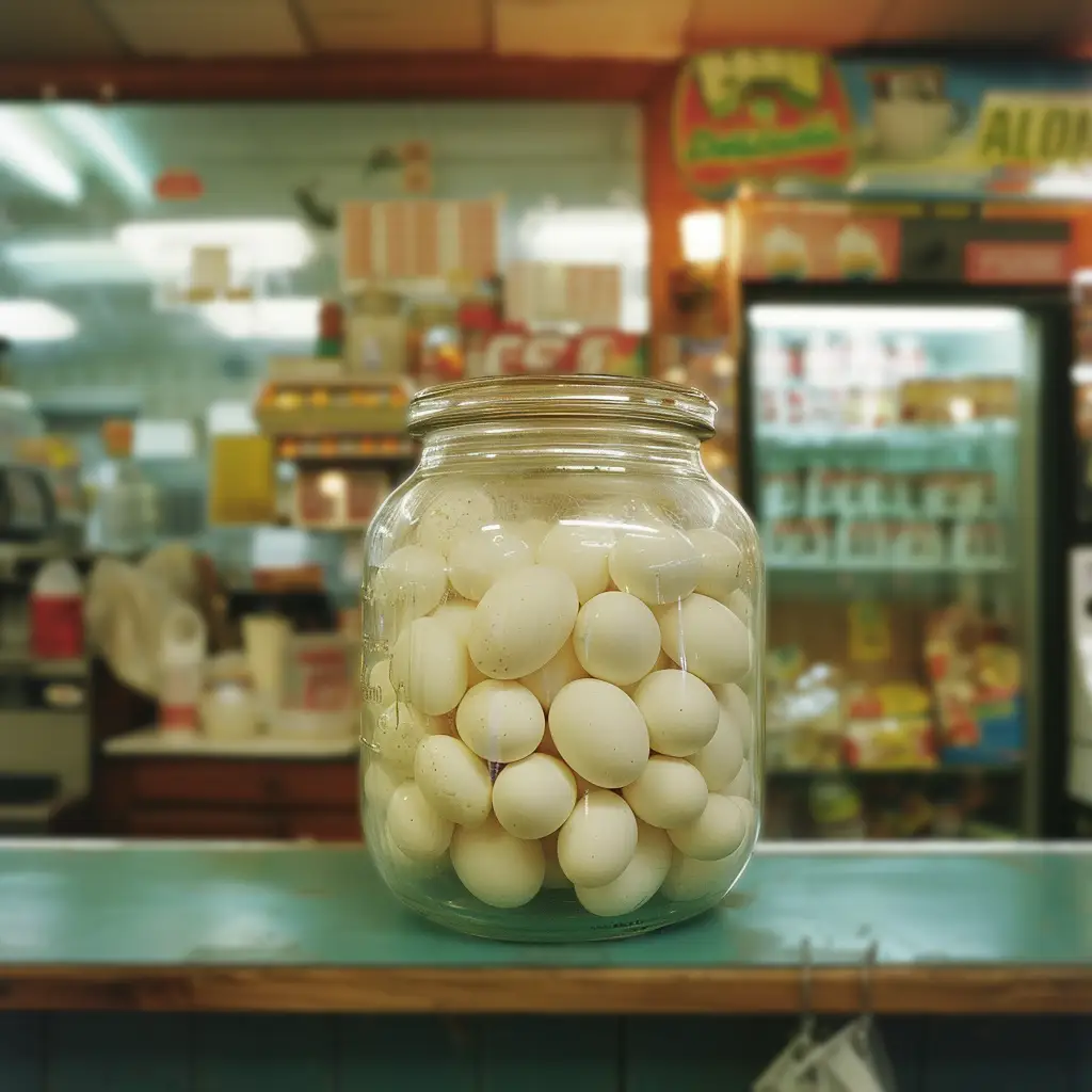 a photograph of a large jar of eggs on the counter of a convenience store