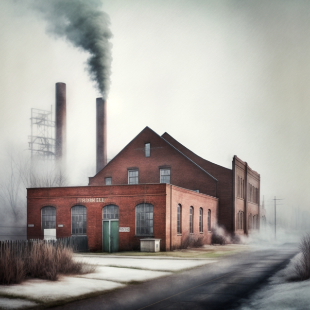 a photograph of a stately old brick factory, a smokestack to the left blows dark smoke from it. The street around it appears to have seen better days. Haven't we all.
