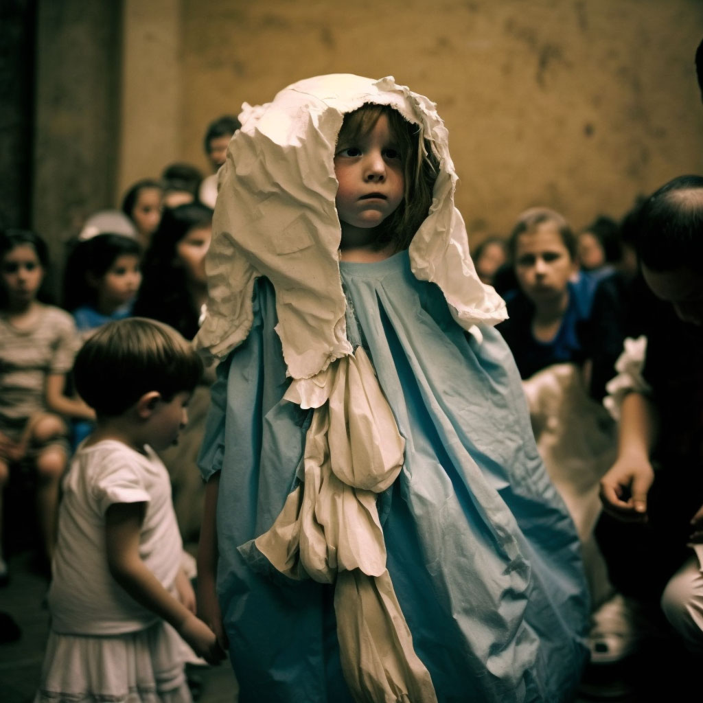 a photograph of a young child wearing a very lumpy cloth costume, that is largely light blue in color and on her head, white cloth, again just remarkably lumpy, streams down.