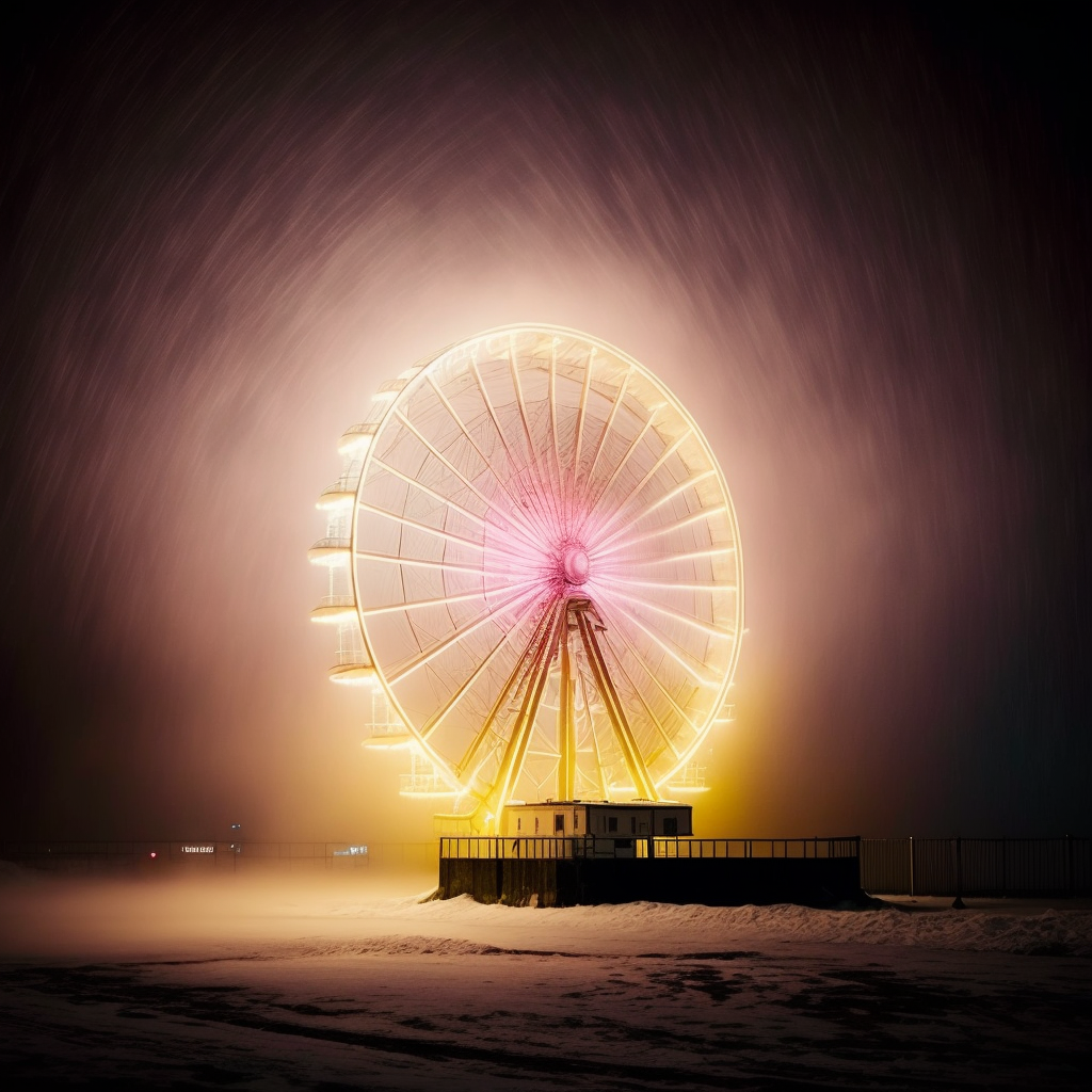 a photograph of a brightly-lit ferris wheel glowing amid a blizzard.
