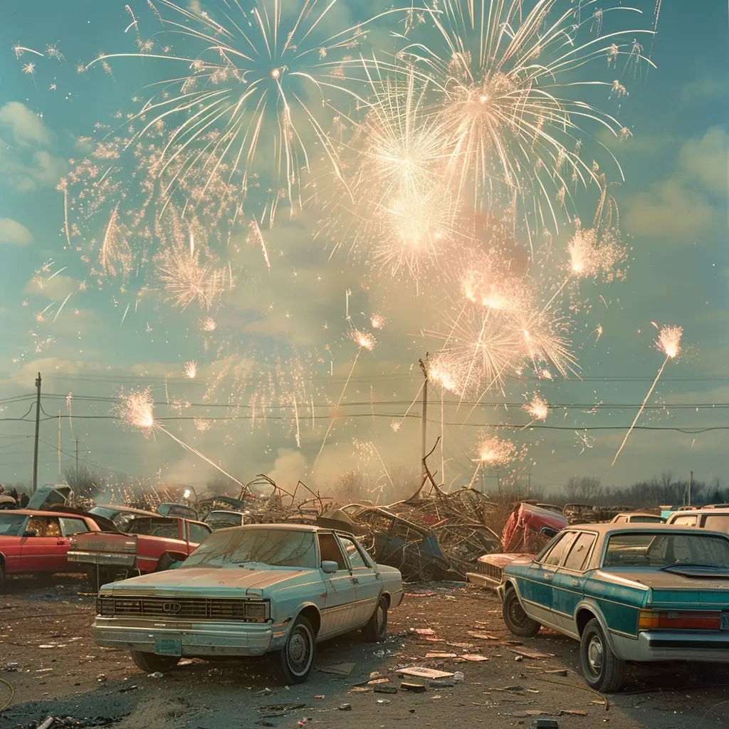 a photograph of a junk car lot with fireworks exploding in the sky