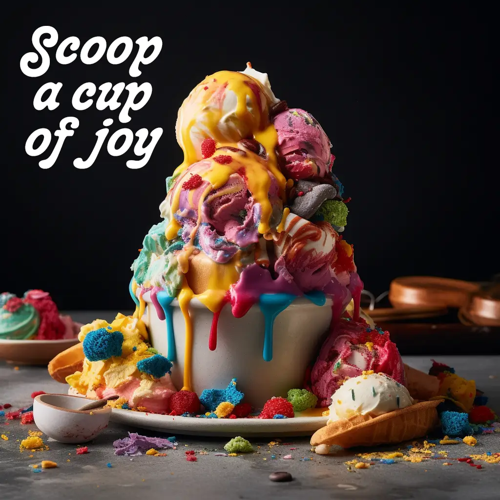 a photograph a bowl overflowing with ice cream and toppings. every color, every variety, just falling over the sides and onto the table.