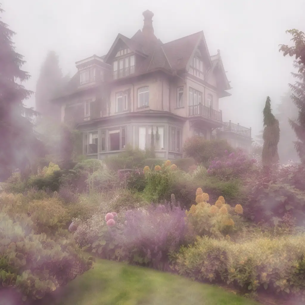 a photograph of a very large home with a beautiful garden engulfed in purple-hued smoke.