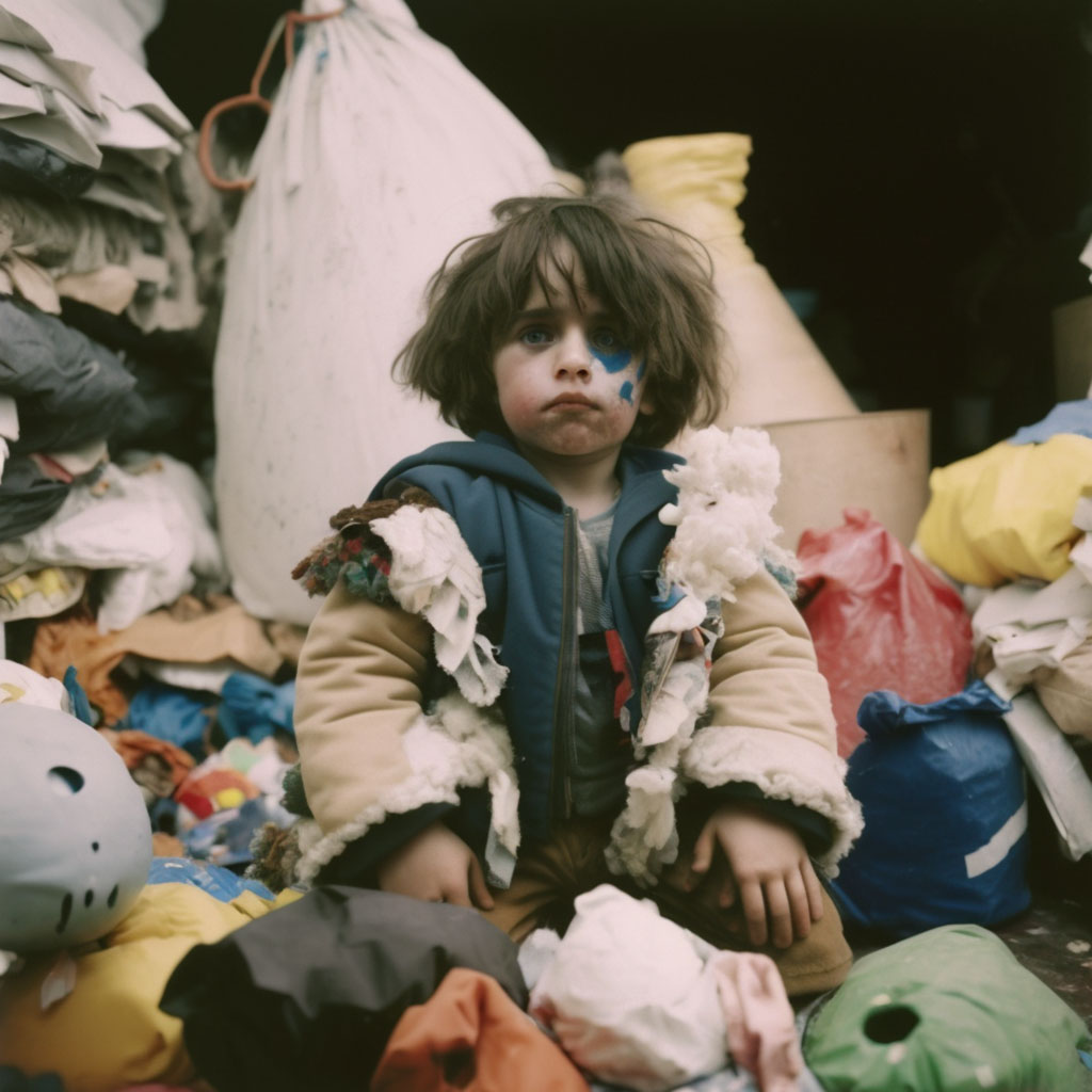 a photograph of a boy with mid-length hair, his face splotched with paint, wearing a ragged jacket sitting in an enormous pile of soft-sculptured trash. He looks nervous and worried.