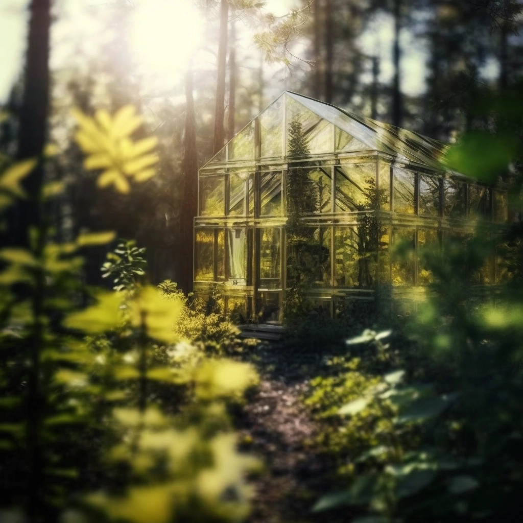 a photograph of a greenhouse, the glass looks almost crystalline, it is located somewhere in a forest.