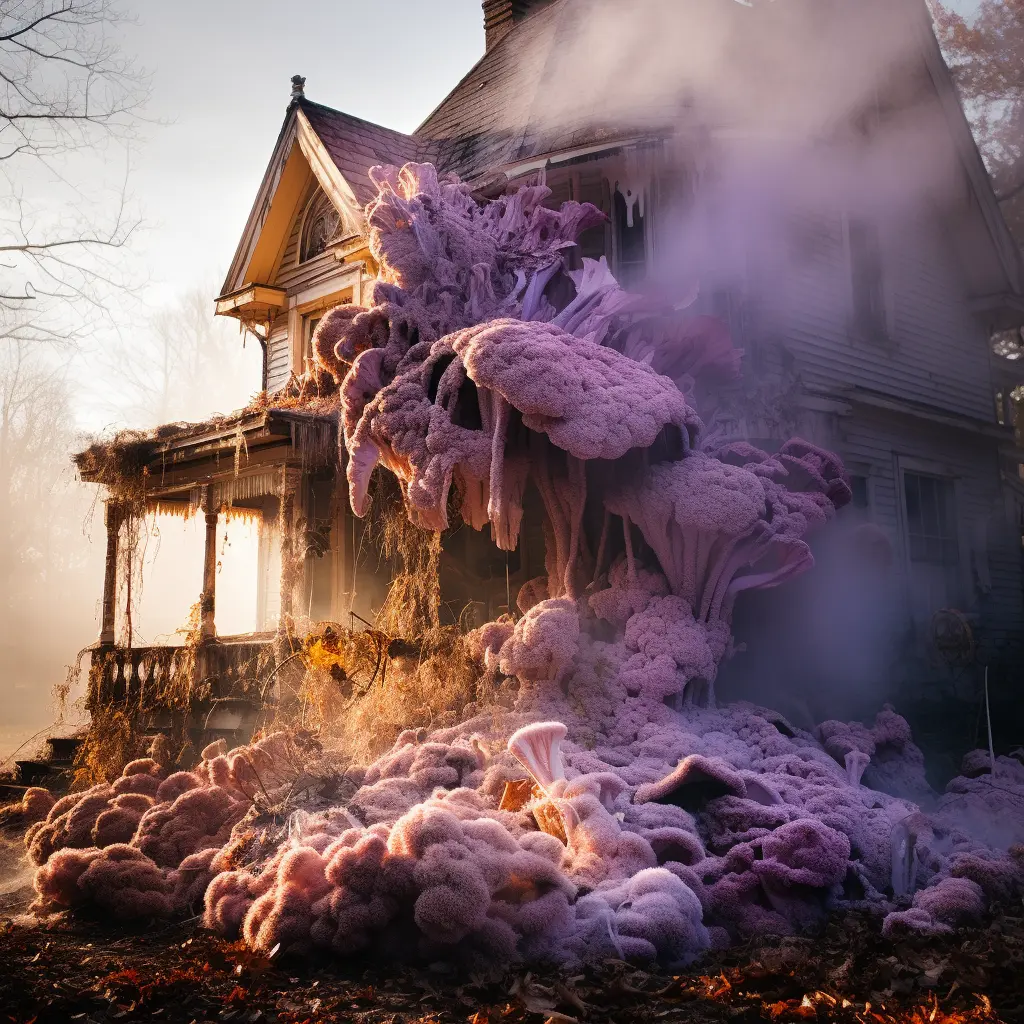 A large historic victorian home being consumed by an enormous purple fungus.