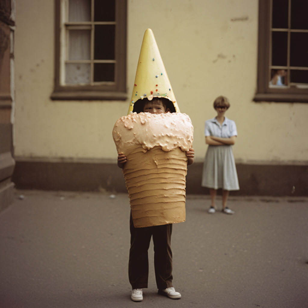 a photograph of a boy complete covered in a homemade ice-cream-cone costume. there is an opening in the scoop where you can see his face, obscured in shadow. his hands peek out along the side of the cone, holding it up. A girl stands in the background, her arms crossed.