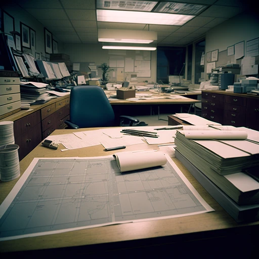 a photograph of a desk with an empty chair behind it. The desk and the office it is in is cluttered with blueprints and files.