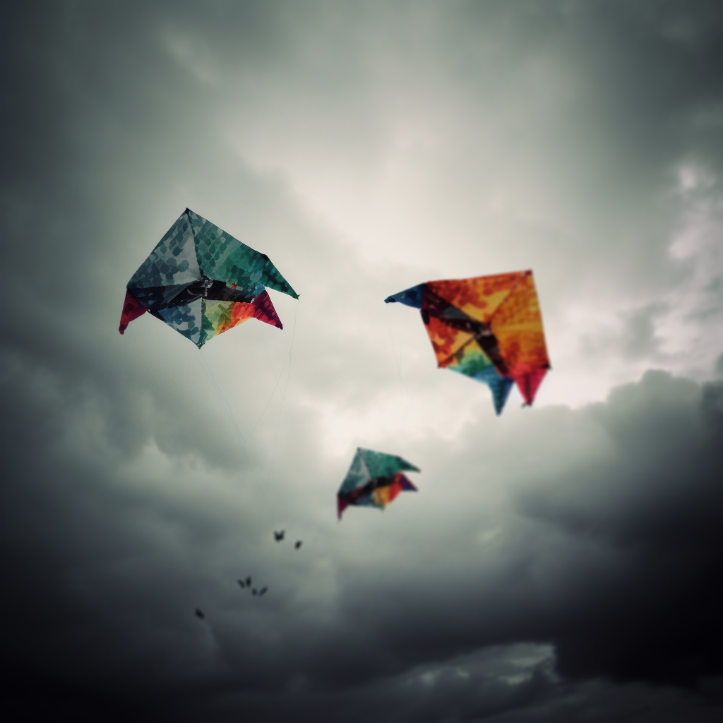 a photograph of two brightly-colored kites flying far too close to each other in the sky.