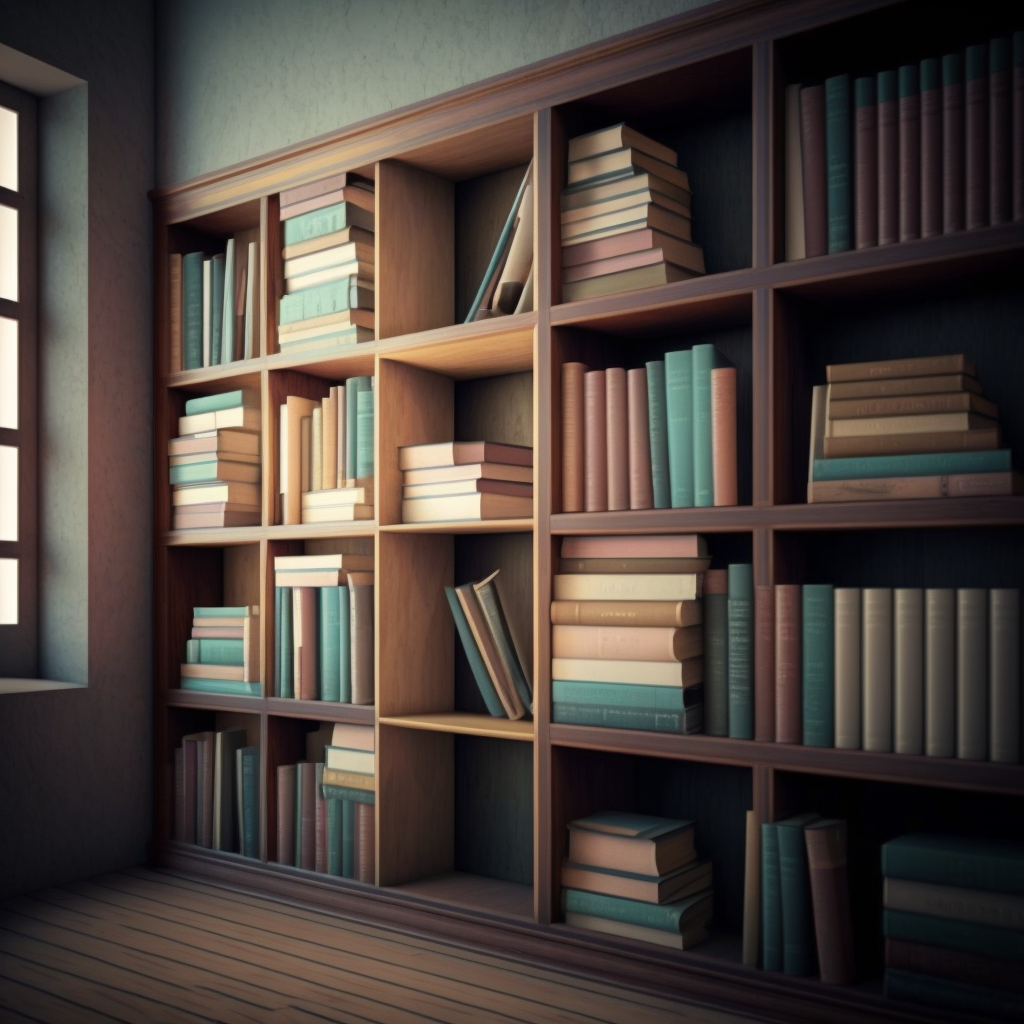 a photograph of books on a shelf. the books are all a light pastel color pallette. a window casts light from the left.