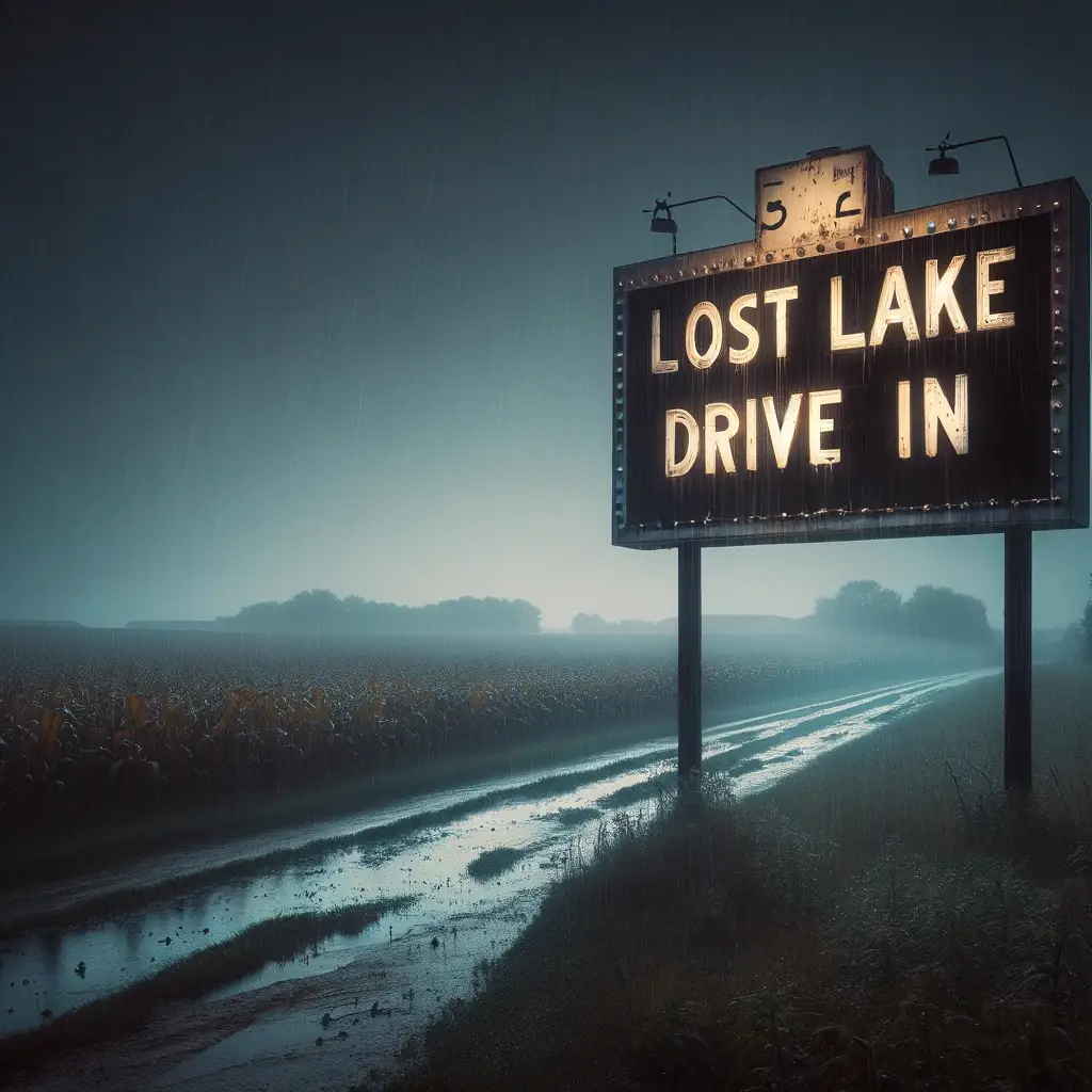 A roadsign sign on a dark and stormy night that reads Lost Lake Drive-In
