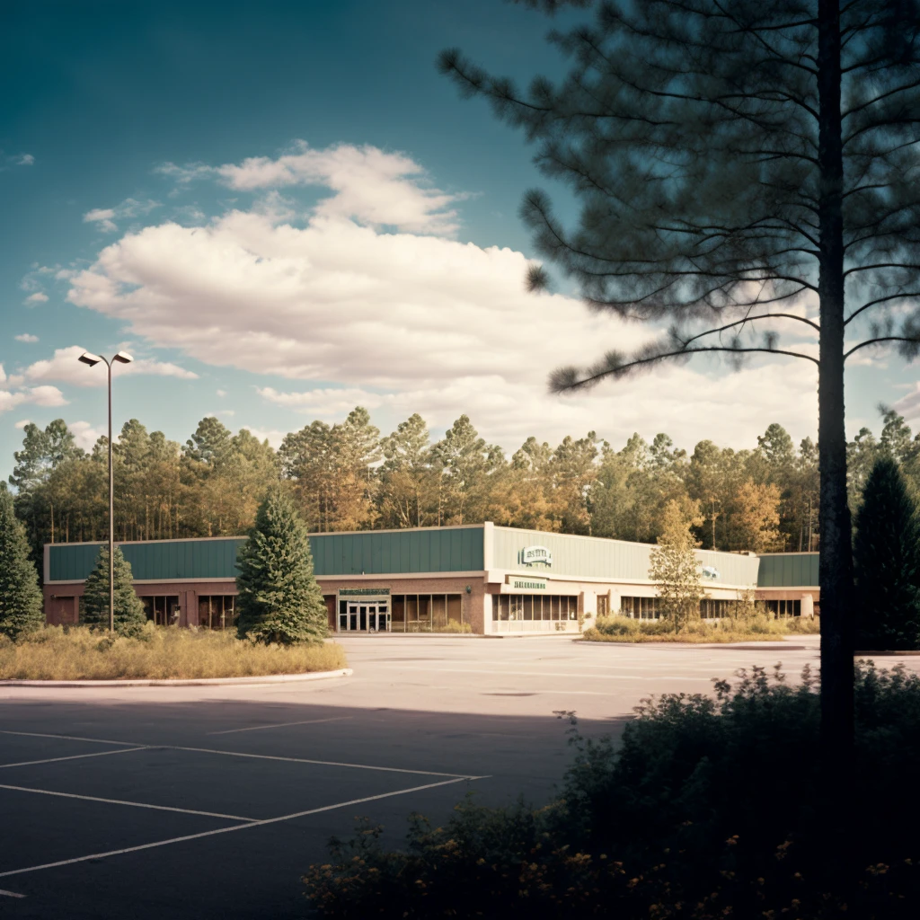 a photograph of a large bowling alley, now abandoned. The parking lot in front of it is weedy and it all looks clearly neglected.