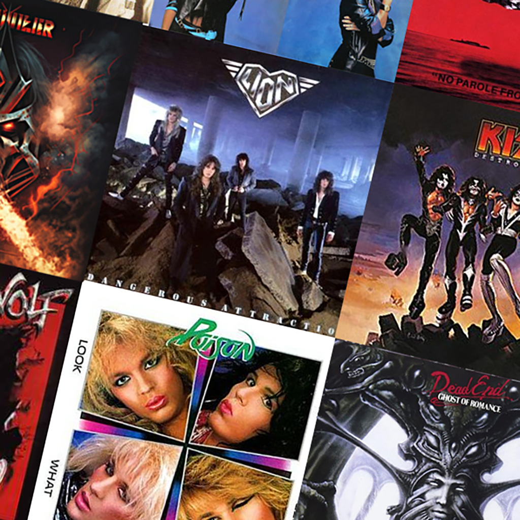 a collection of 1980s hard rock record covers including albums by Kiss, Poison, Lion, and others.