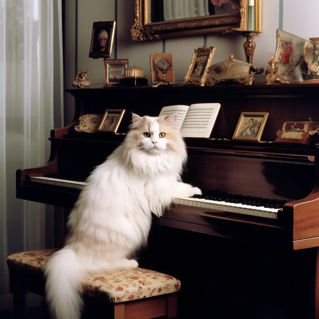 a photograph of a fluffy white cat sitting on a quilted piano stool with its front paws on a piano keyboard. It is an upright piano in a home, lining the piano are tchotchkes and small framed pictures.