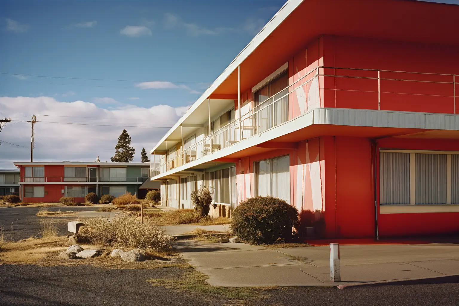 a photograph of a two-story motel, mostly red, clearly seen better days.