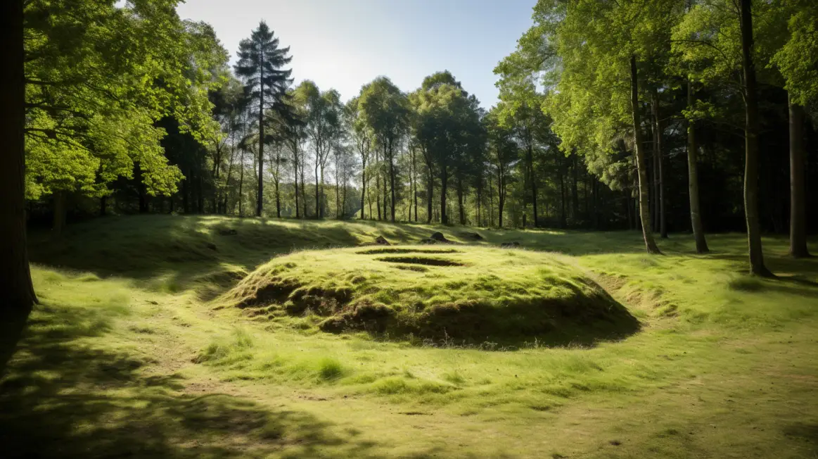 a photograph the a burial mound ringed by a secondary mound in a grassy clearing in a forest.