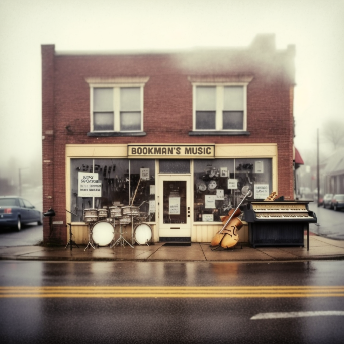 a photograph of a quaint storefront music store with a single set of apartments above it. The shopwindow is bordered by soft yellow paint and a sign reads 'Bookmans Music'. There are a number of instruments set up outside including drums, a double bass, and a piano. The ground looks wet like it has recently rained.
