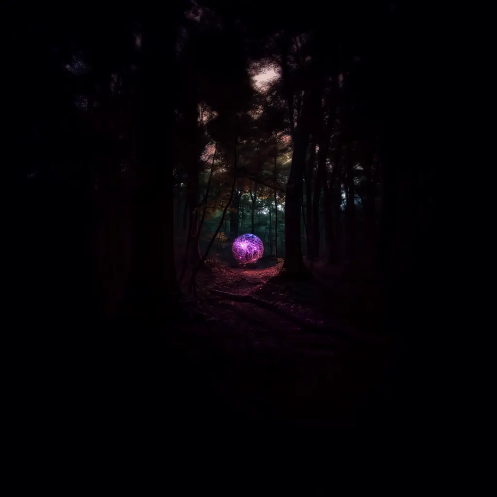 a glowing purple orb far in the distance in a dark woods.