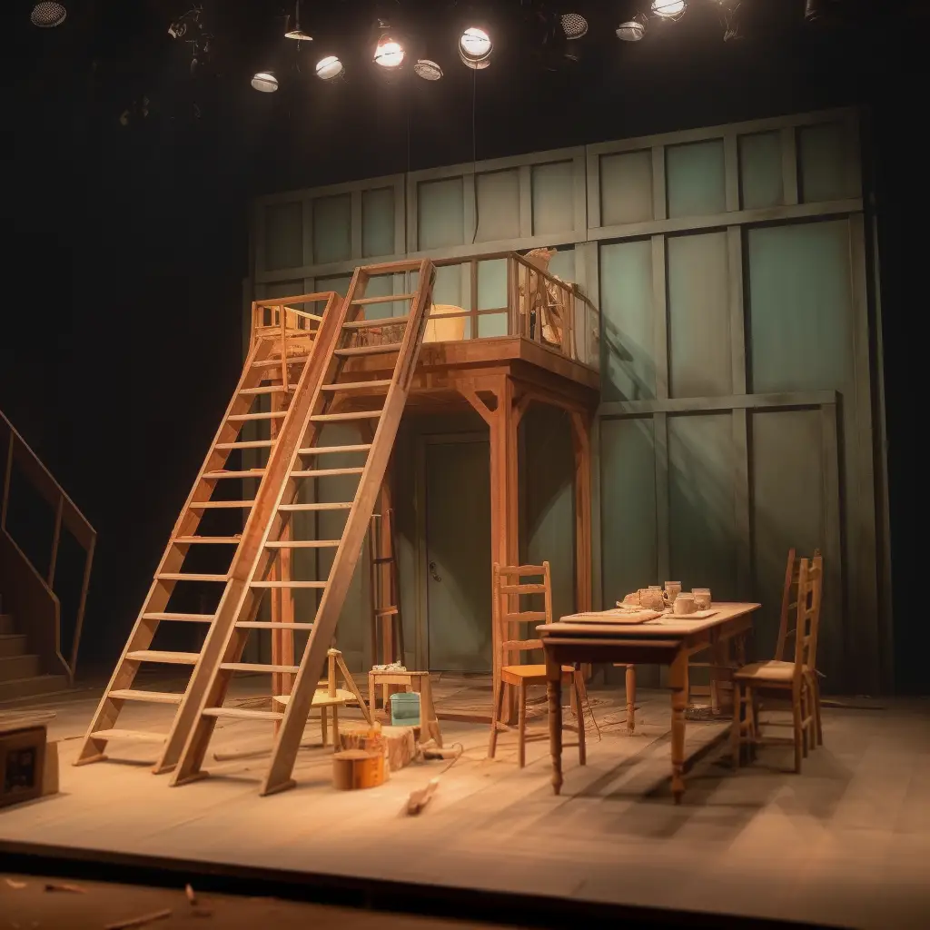 a set on a stage, still being constructed. two wooden ladders lead up to a small balcony, a table with chairs is on the ground. the backdrop is wooden and painted slightly green. this seems very ambitious for children.