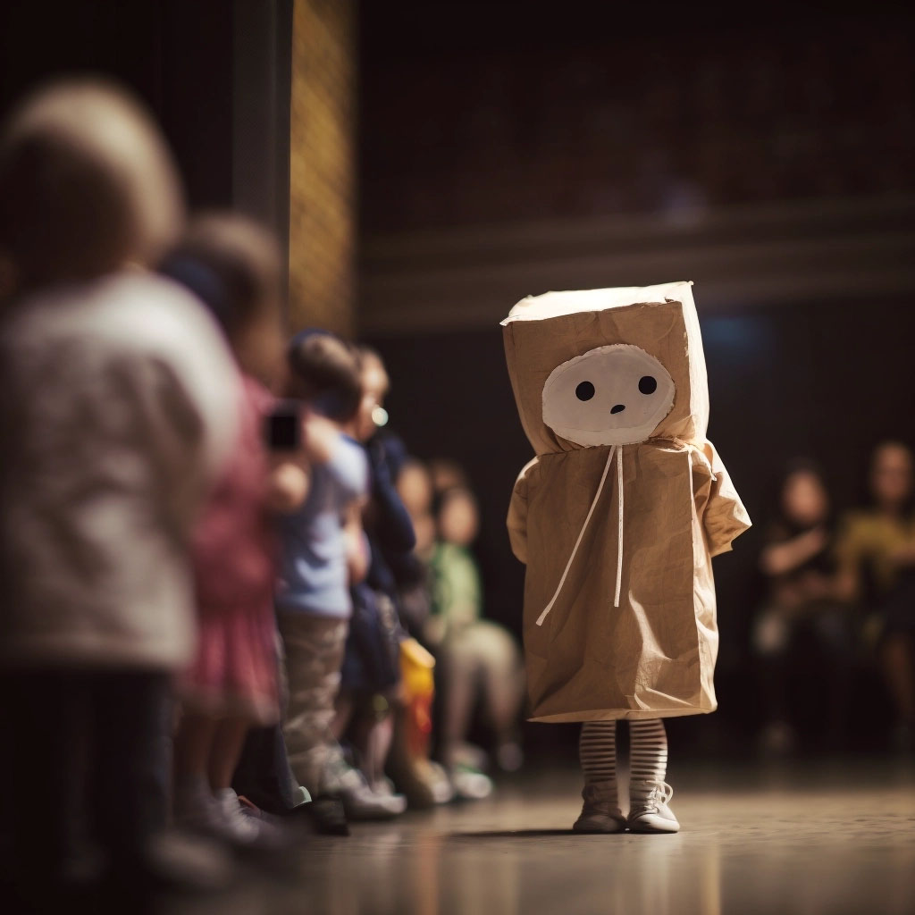 a photograph of a child on a stage, she is dressed in a brown paper costume, very boxy, with a square paper bag head and a round cartoon face attached. children line the stage to the left of the figure in the envelope costume.