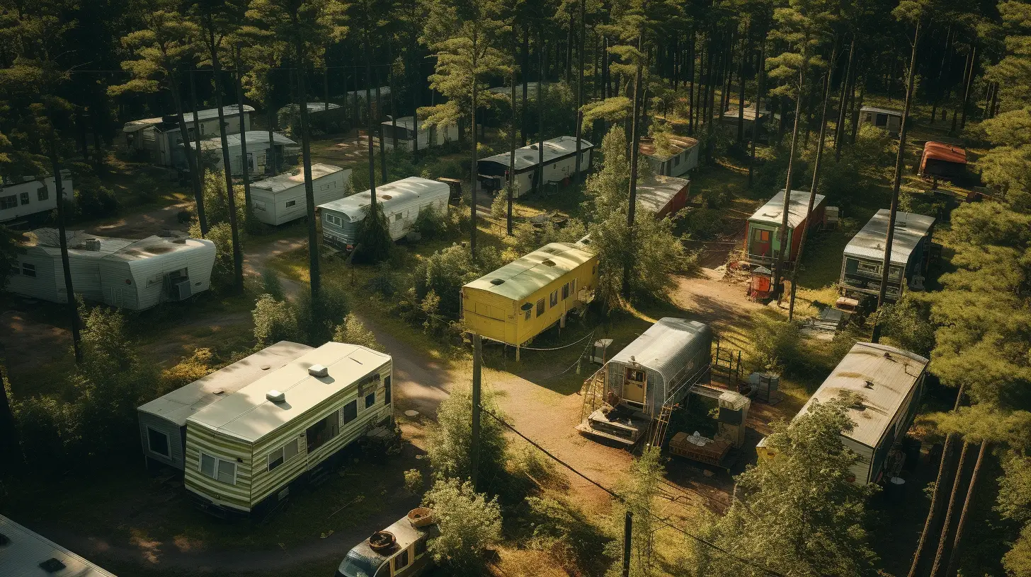 an overhead shot of a trailer park in a forest