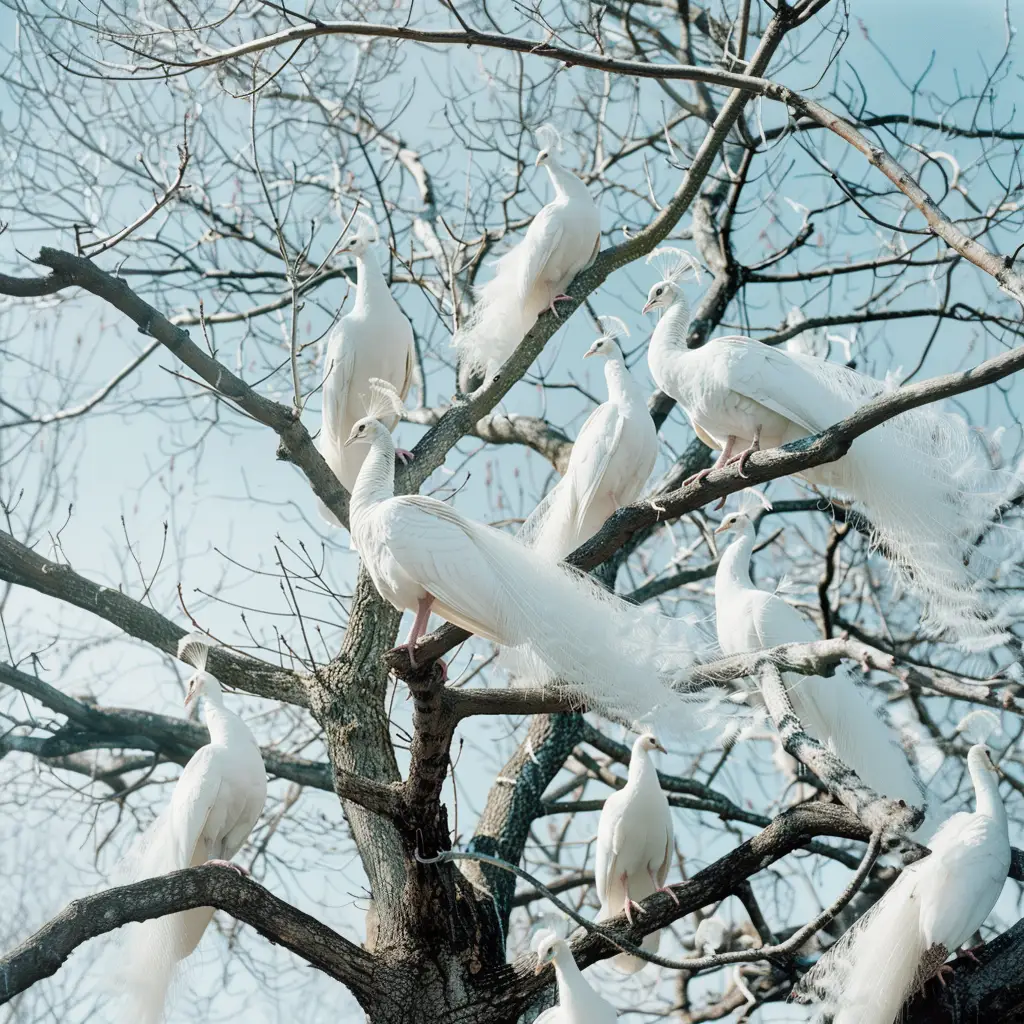 a photograph of a tree without leaves filled with albino peacocks