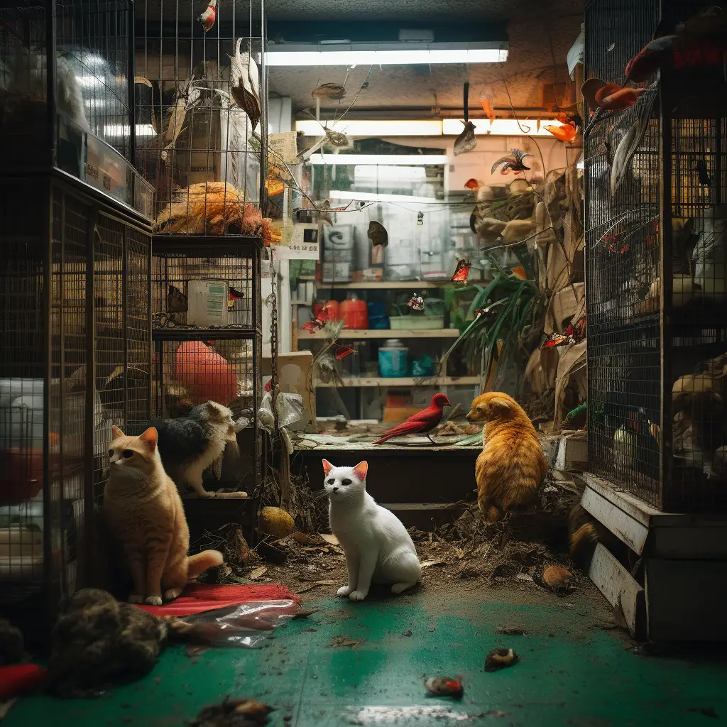 a photograph of a chaotic, bedraggoed pet shop that has clearly seen better days. animals are in cages but others are loose.