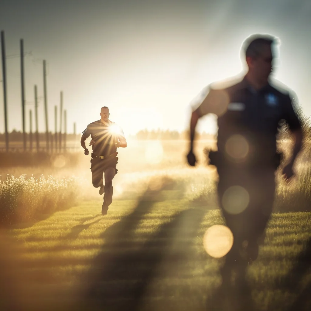 a photograph of two police officers running through a field of wheat, the sun dappling the wheat and casting lense flares into the photograph.