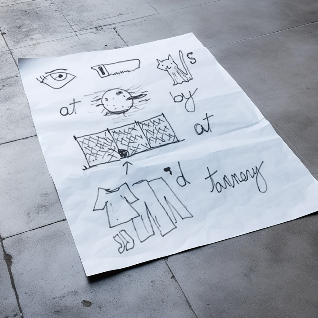 a picture of a piece of paper laying on a concrete floor. Drawn on the paper is a pictogram with an eye, a saw, a cat, followed by the letter S, the word 'at', a drawing of the moon, the word 'by', a drawing of a fence with a hole in it, the word 'by', a drawing of clothes followed by the letter D, and the word 'tannery' 