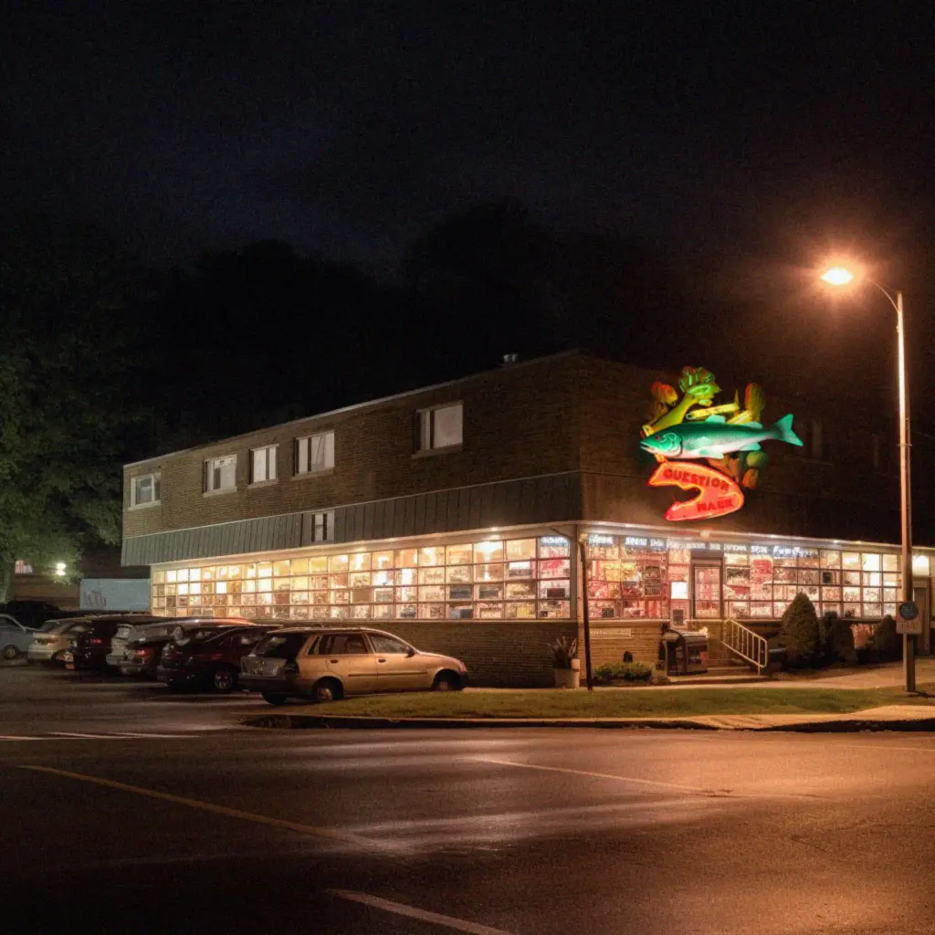 a very elaborate neon sign hanging over a rather drab brick grocery store with large windows on the first floor. the centerpiece of the sign is a fish, with wheat stalks and various vegitables lit as well. The words Question Mark are visible on the sign