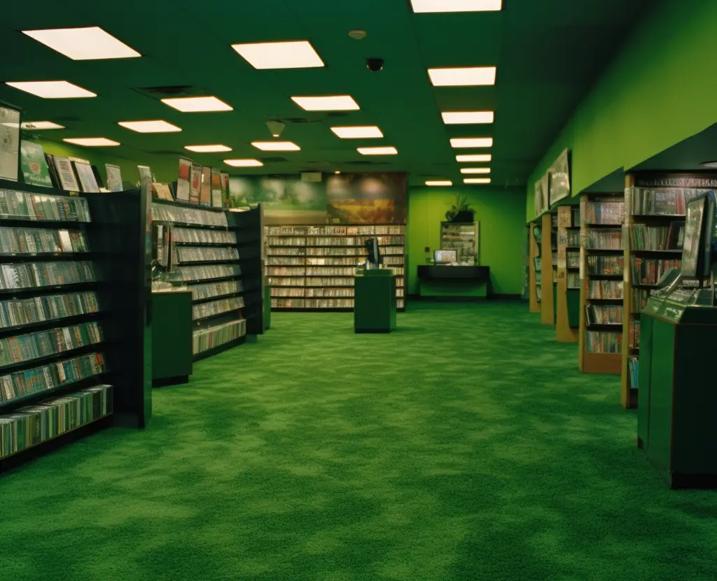 a photograph of a the interior of a video store. The carpet is dark green, the ceiling is green, the shelves are green. The walls are green. There really is a great deal of green.