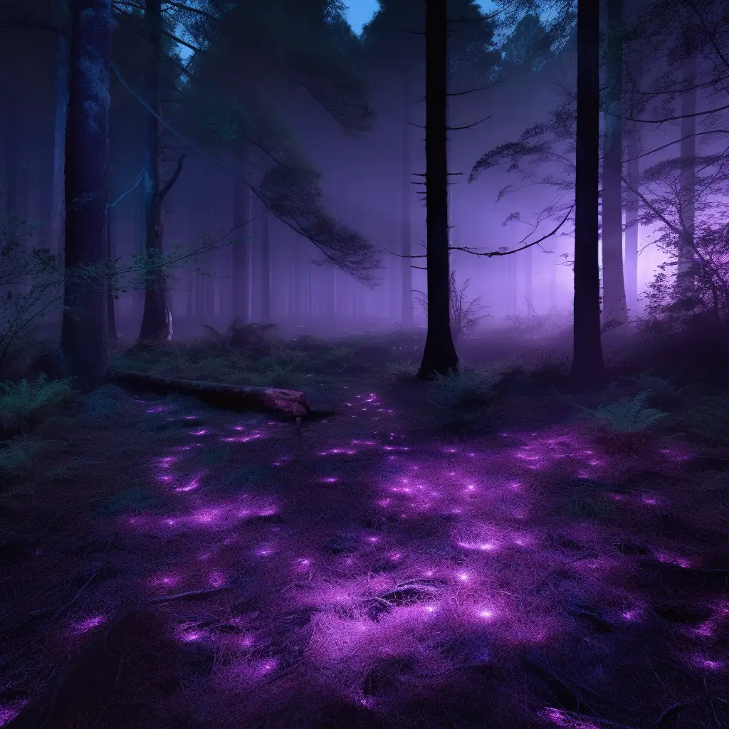 a photograph at night in a forest, misty, the ground is covered with tiny purple glowing lights.