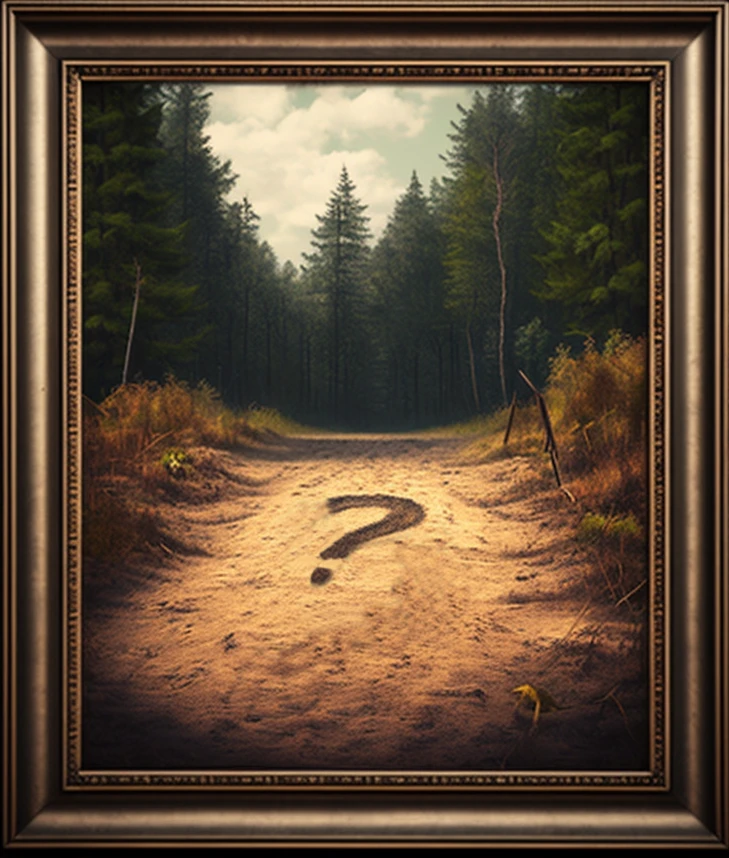 a framed painting of a dirt clearing amid a thick forest. drawn on the dirt is large question mark.