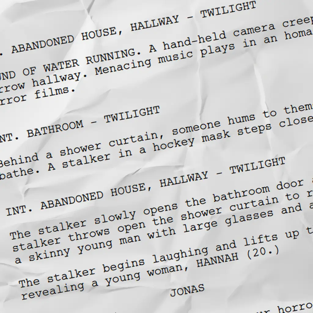 a single page of a movie script, slightly wrinkled