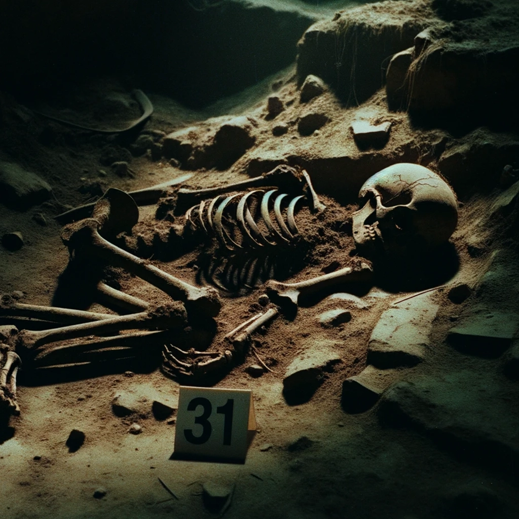 A half-buried skeleton tagged with the number 31.