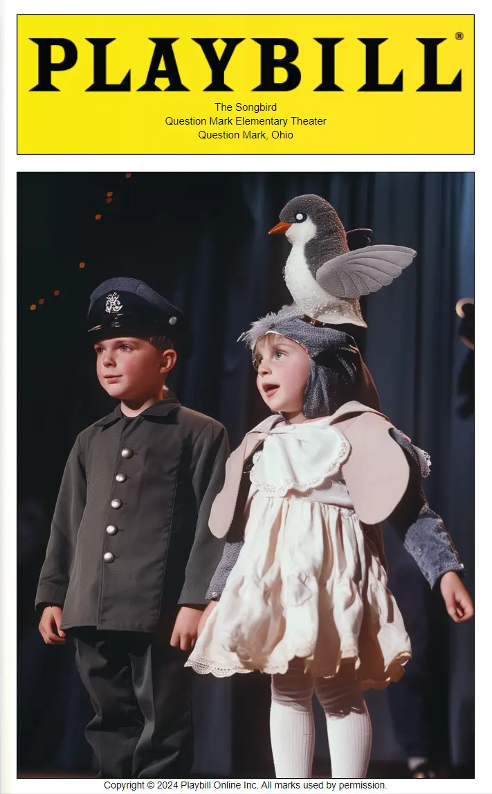 a Playbill for The Songbird. The cover features a young person dressed as a policeman and another with a bird on their head.