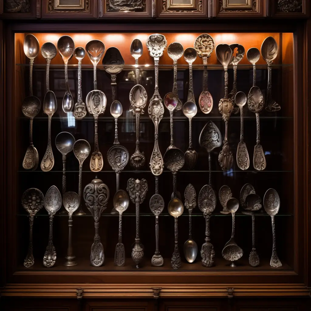 an elaborate spoon collection in a display case.