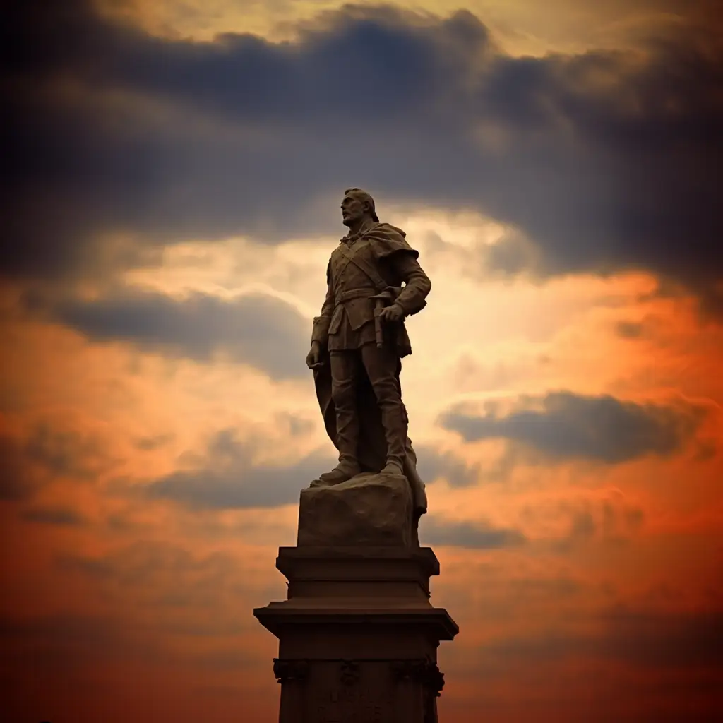 A statue that sort of looks like a British soldier from the 1700s if the sculptor didn't really do a lot of research, on a very tall plinth, silouetted against a pink sky